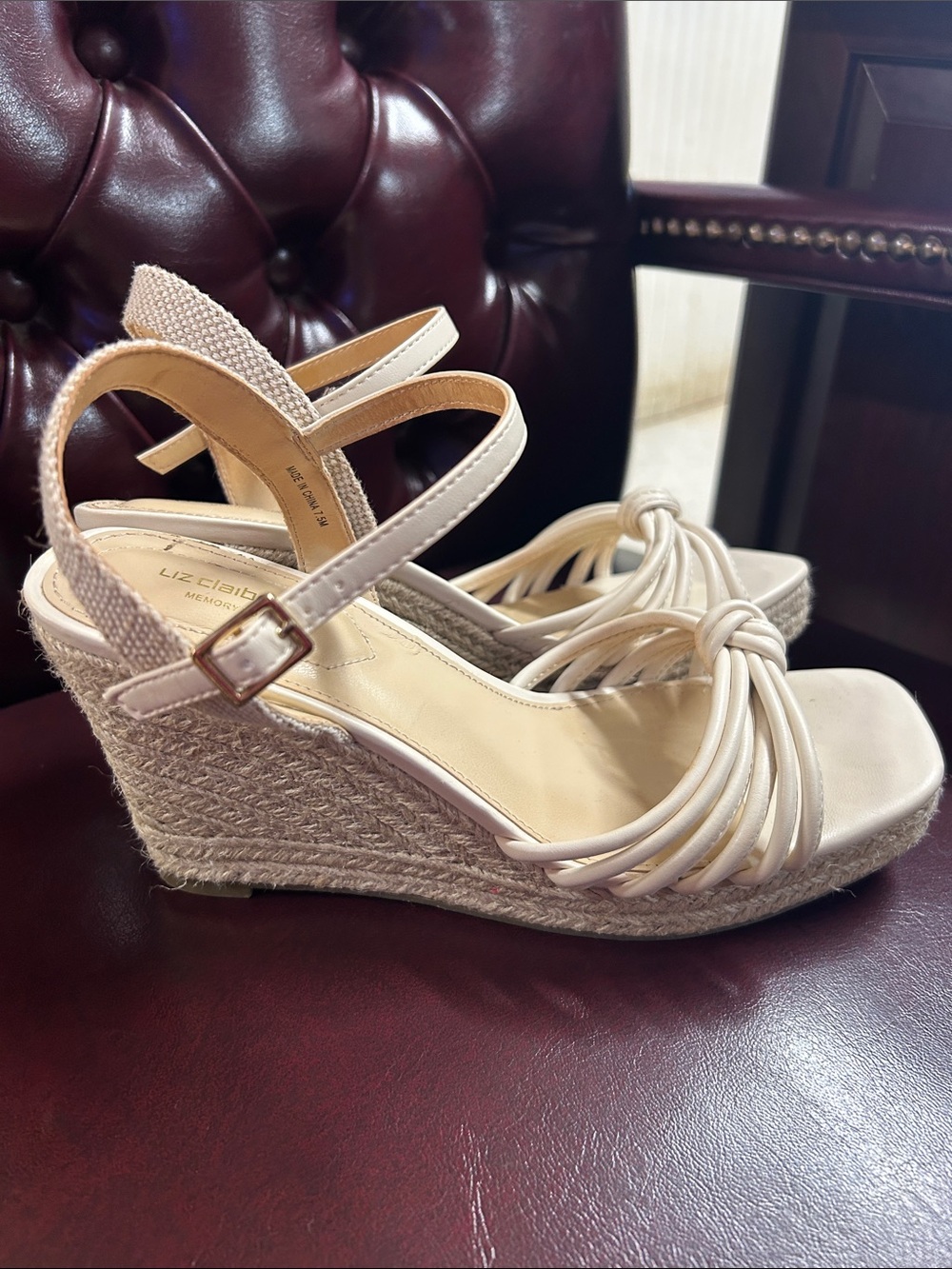 Liz Claiborne Beige Cream Wedge Sandals with Braided Espadrille Platform 7.5